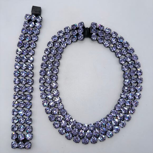 Vintage pewter tone Swarovski alexandrite rhinestones necklace bracelet parure - Picture 2 of 11